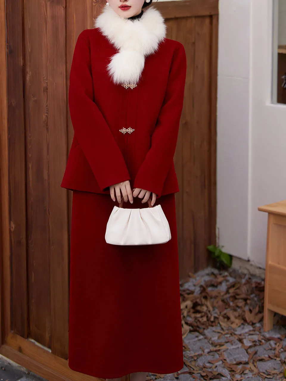 2PS Red Round Collar Long Sleeve Wool Coat With Strap Dress Suit