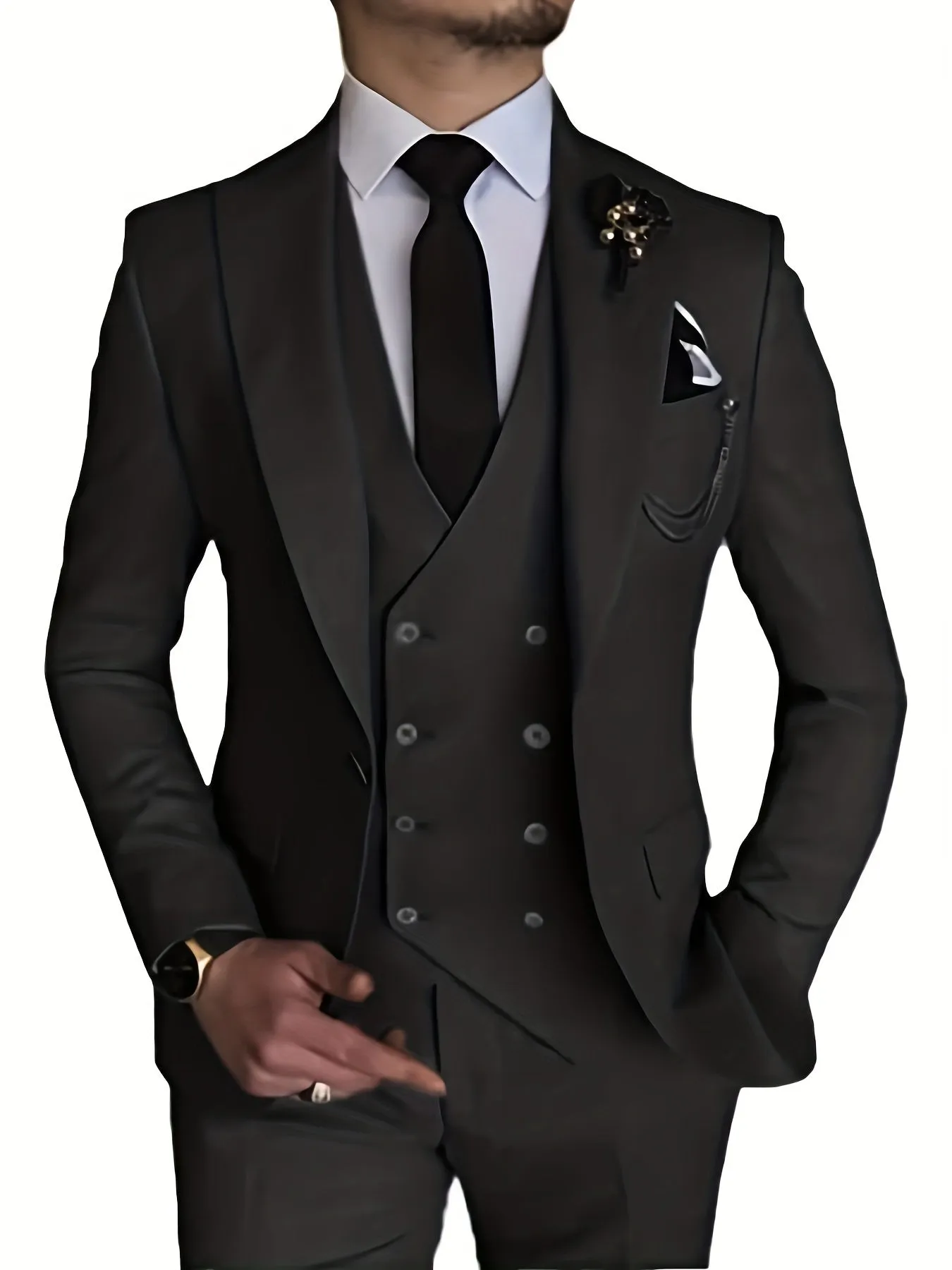 3pcs Men's Gentlemen Suits With Slim Fit Blazer Double Breasted Vest Pants Set