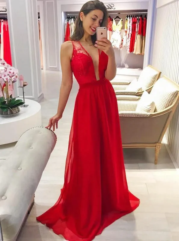 A-Line Deep V-Neck Long Red Chiffon Bridesmaid Dress