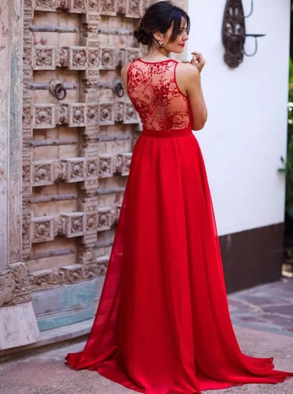 A-Line Deep V-Neck Long Red Chiffon Bridesmaid Dress