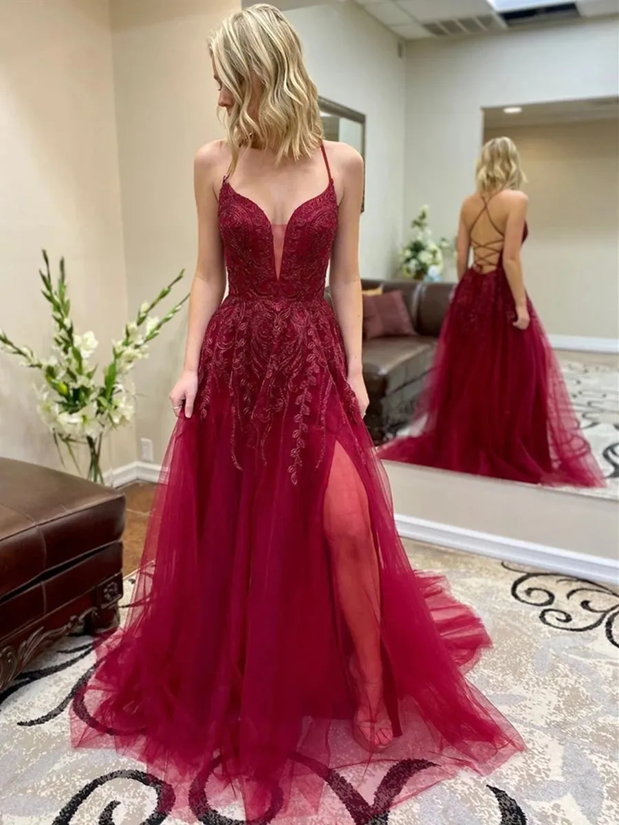 A Line V Neck Backless Lace Long Prom Dresses with Slit Backless Burgundy Tulle Formal Gowns