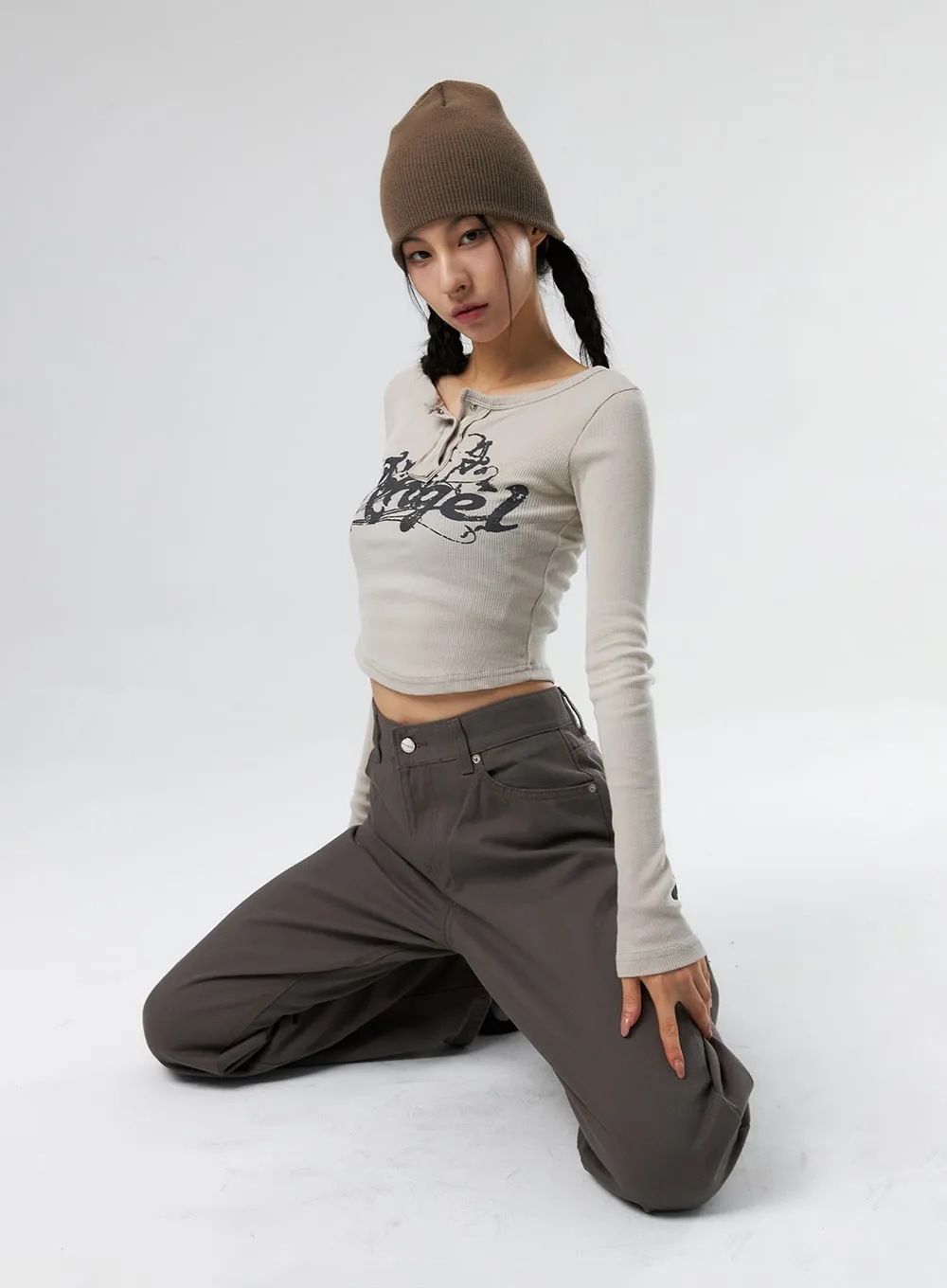 Angle Button Snap Crop Tee IS327