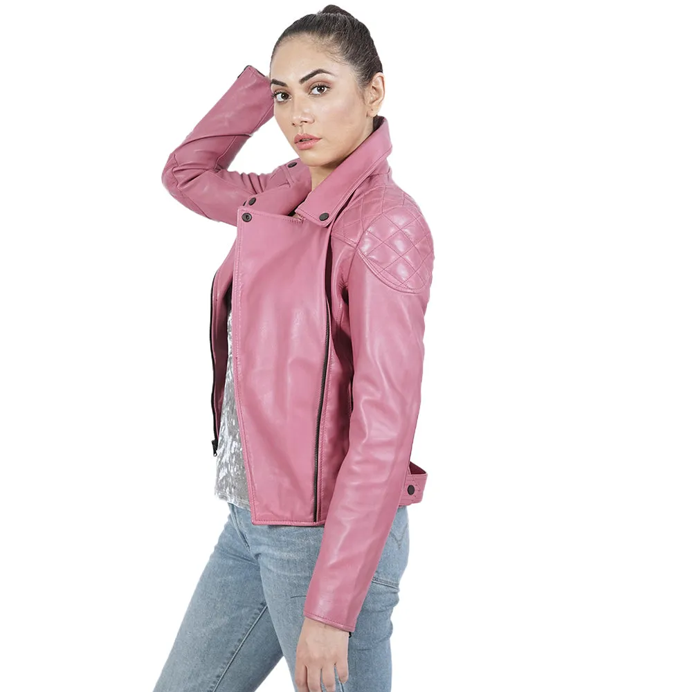 Asymmetrical Zip Biker Hot Pink Leather Jacket