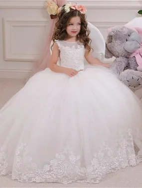 Ball Gown Lace Tulle Sweep Brush Train Wedding Party Flower Girl Dresses