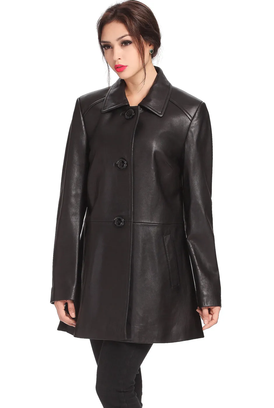 BGSD Women Hannah Lambskin Leather A-Line Coat