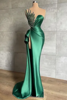 Biztunnel Green Long Mermaid Sweetheart Satin Beads Prom Dress with Slit