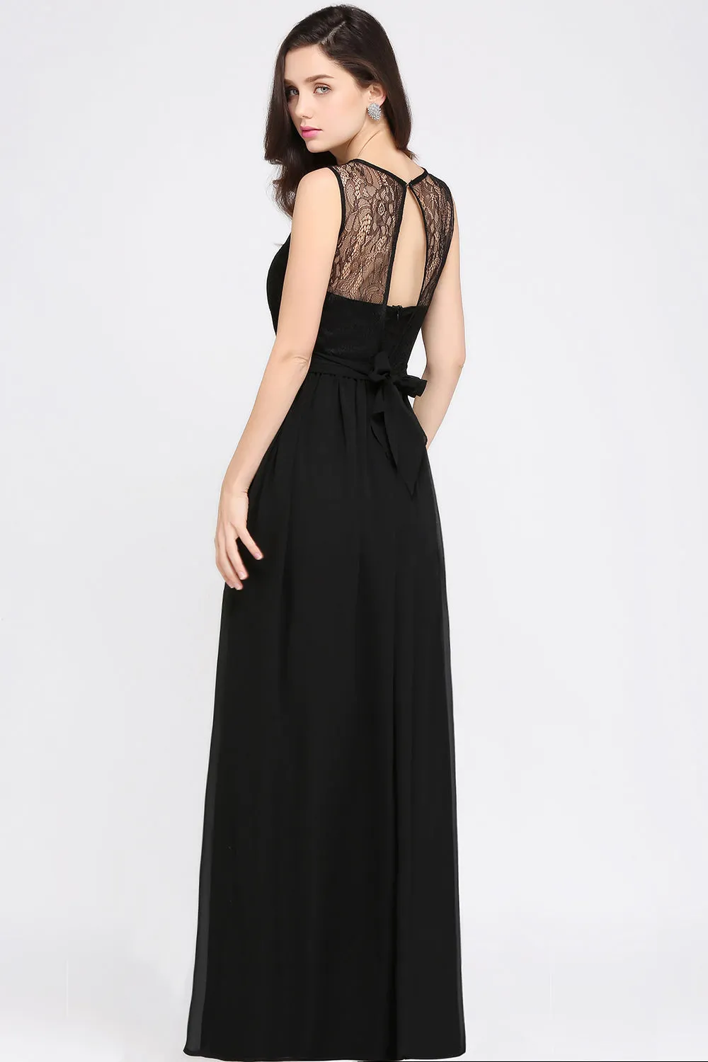 Black Long A-Line Chiffon Lace Jewel Sleeveless Bridesmaid Dresses