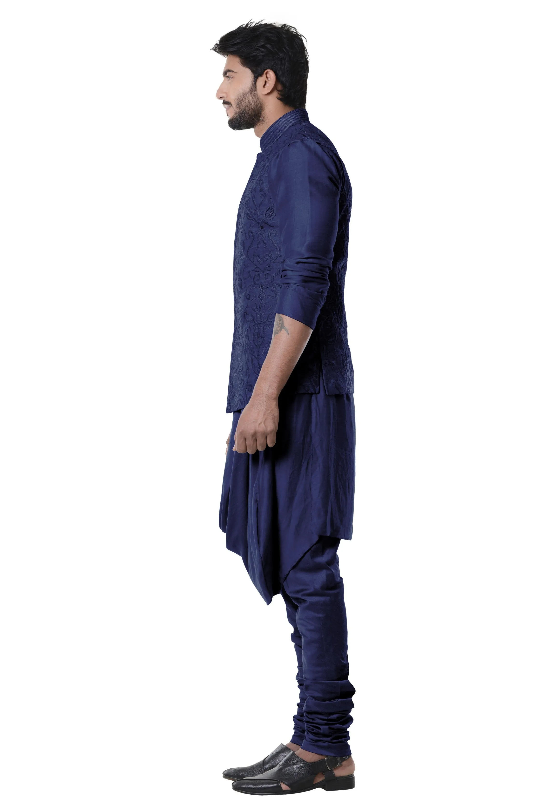 Blue Kurta With Full Embroidered Waist Coat - Rent