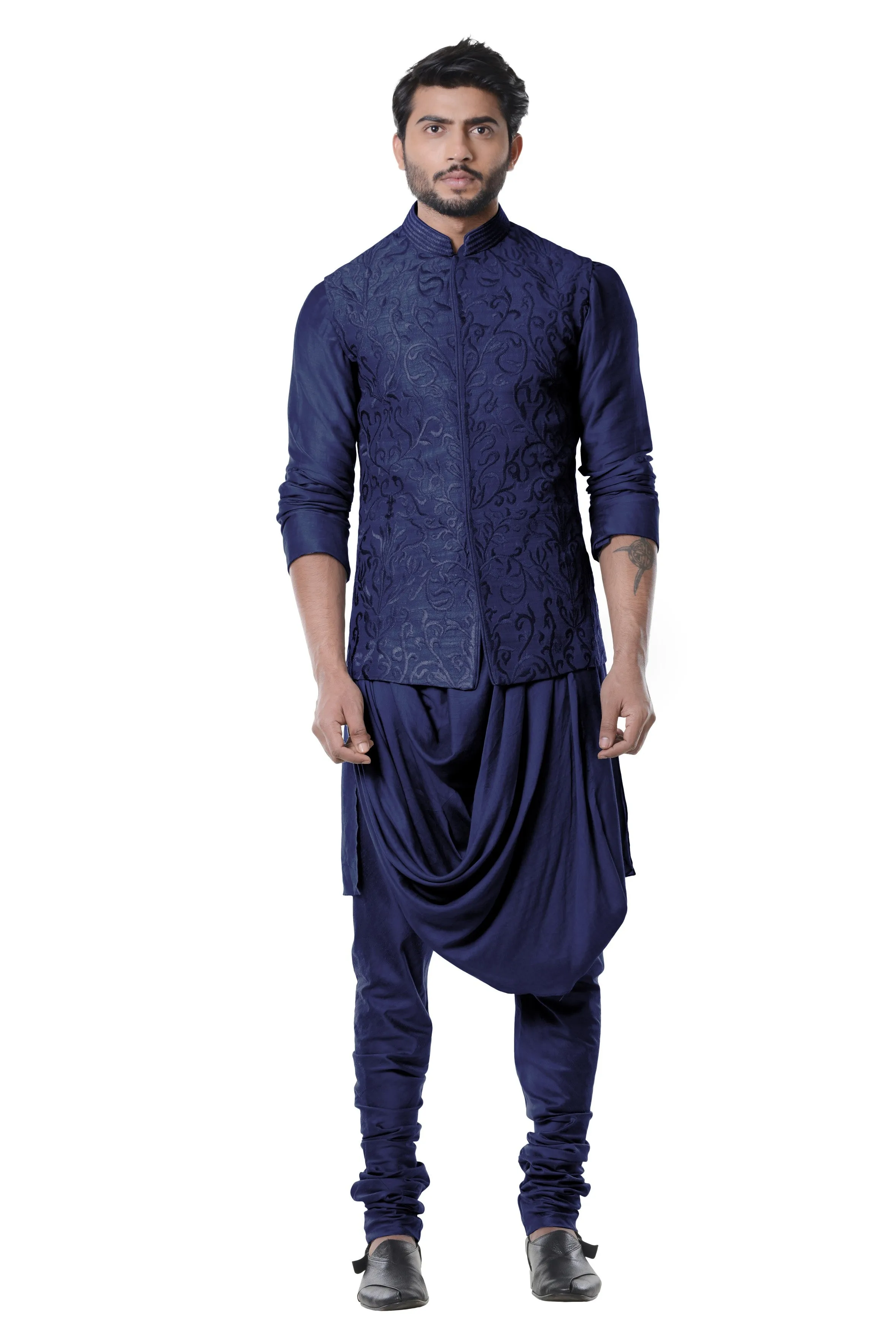 Blue Kurta With Full Embroidered Waist Coat - Rent