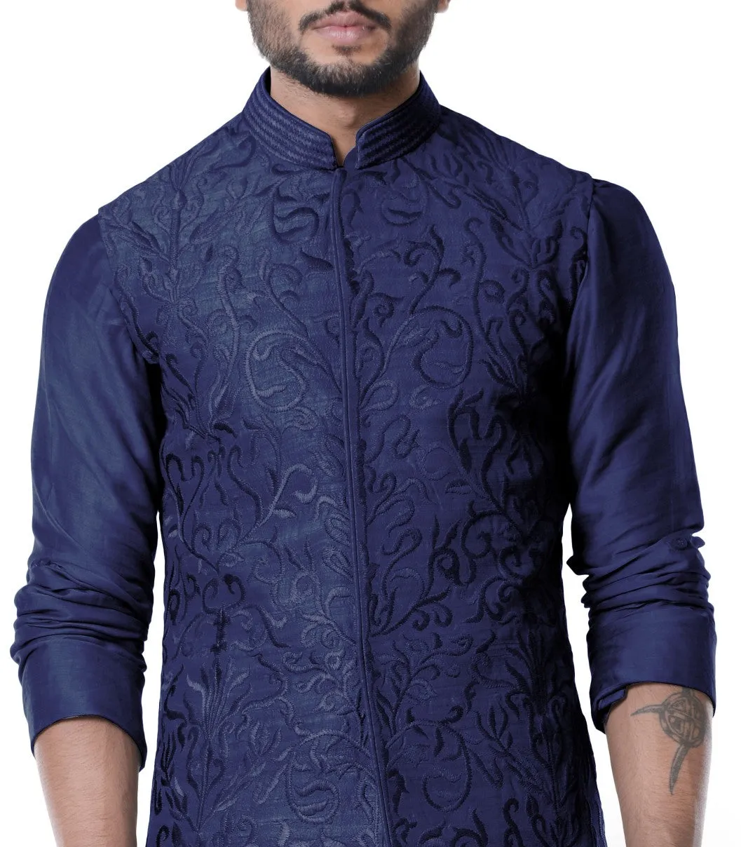 Blue Kurta With Full Embroidered Waist Coat - Rent