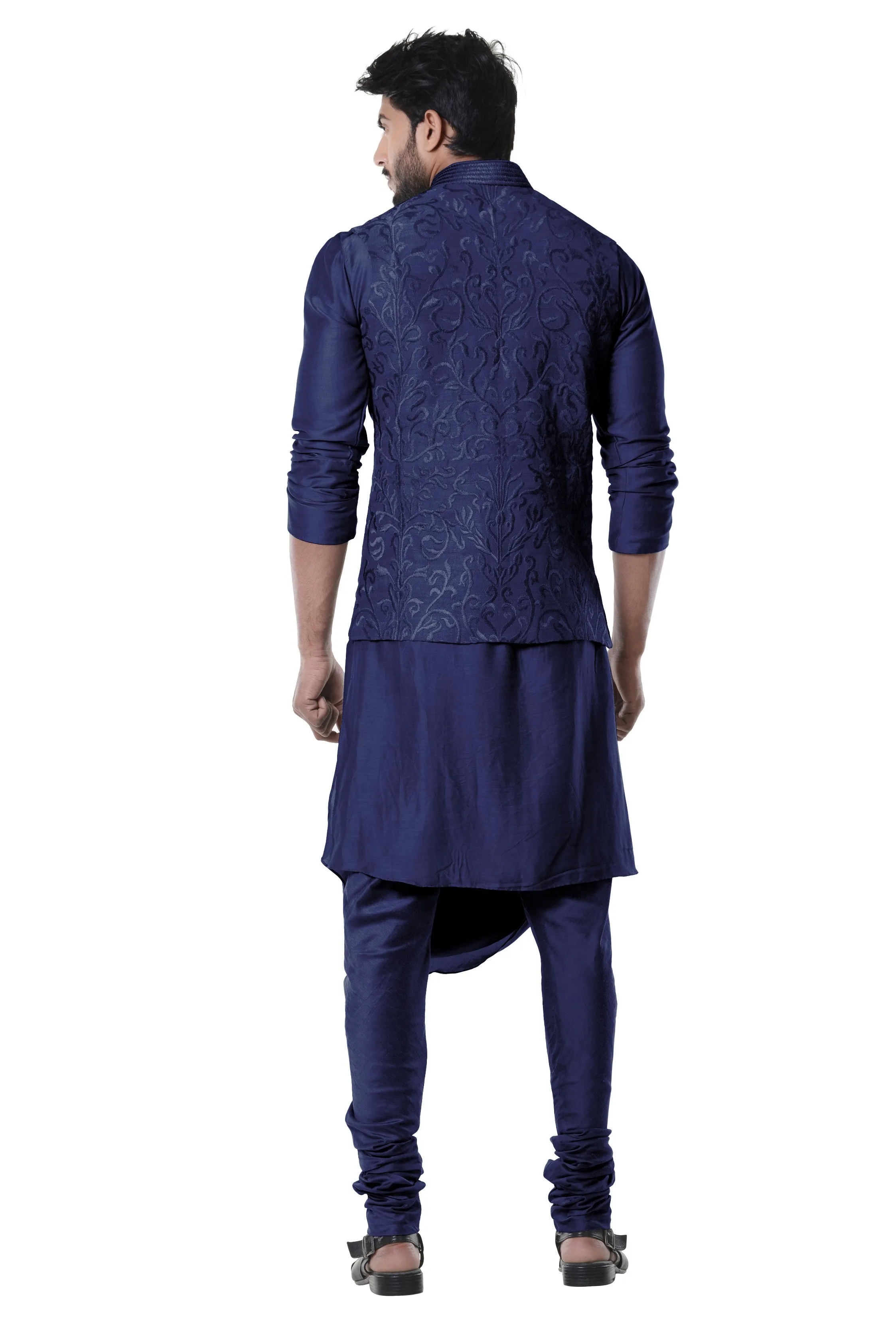 Blue Kurta With Full Embroidered Waist Coat - Rent