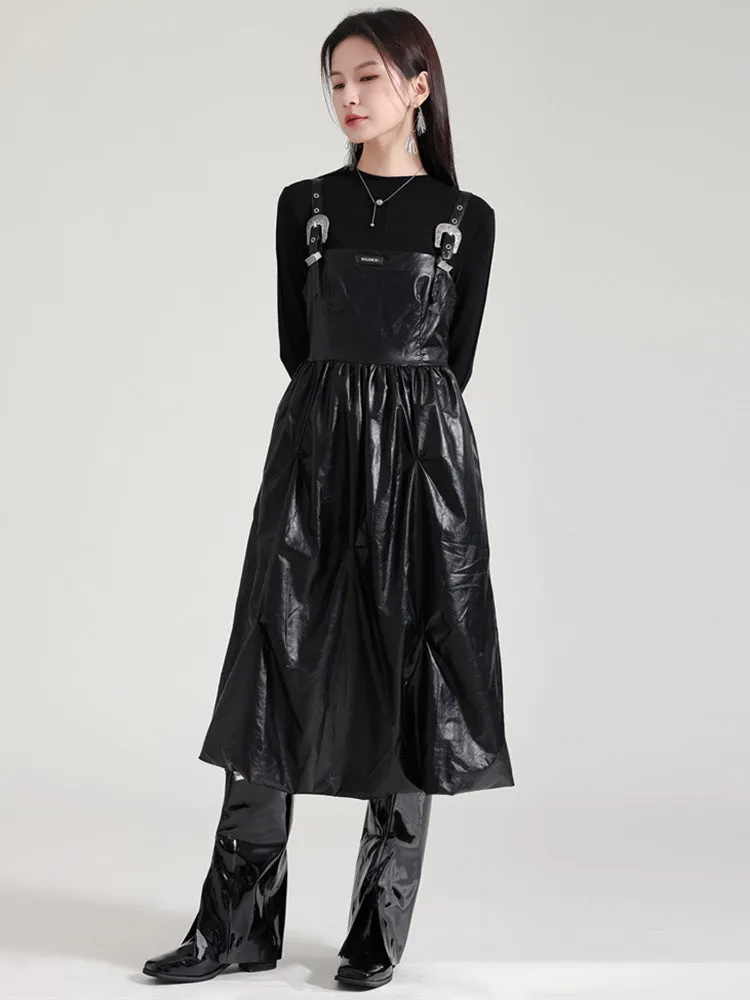 Bukle Vegan Leather Overall Dress - Black