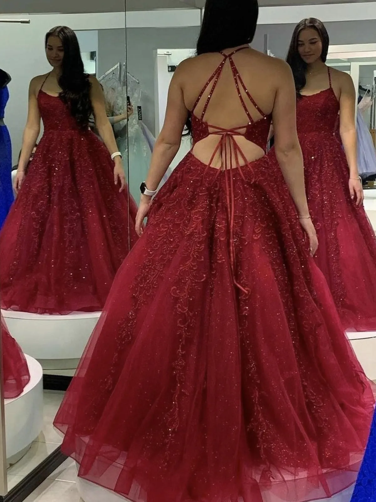 Burgundy Long A-line Tulle Lace Open Back Formal Prom Dress