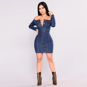 Button Tight Denim Mini Dress