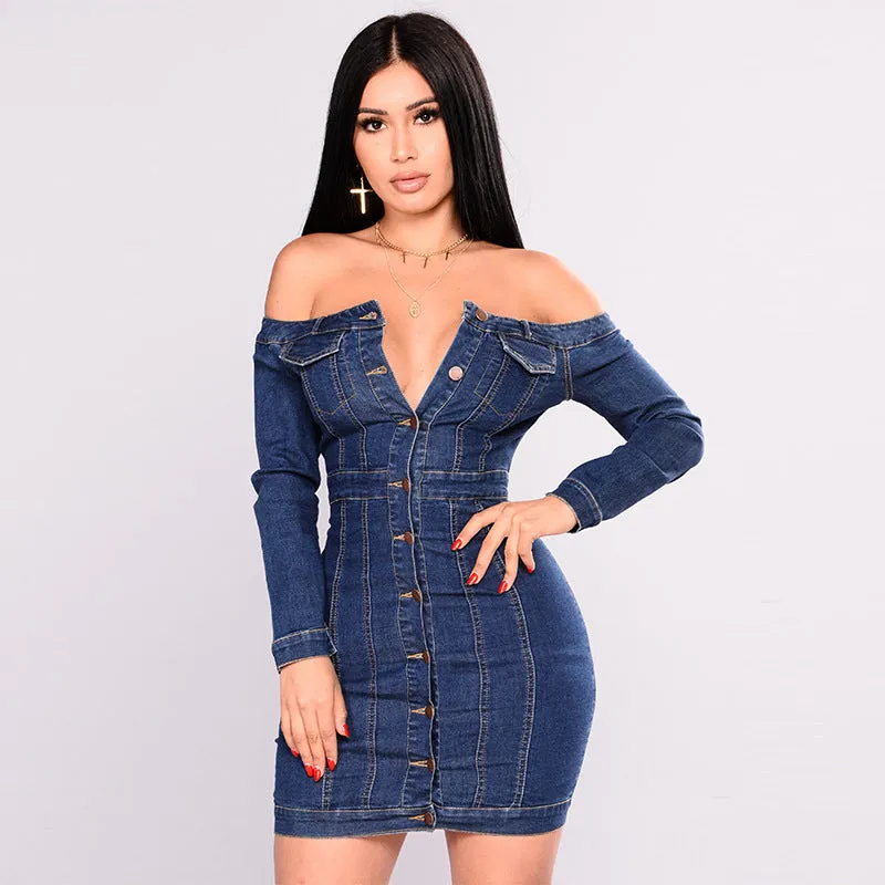 Button Tight Denim Mini Dress