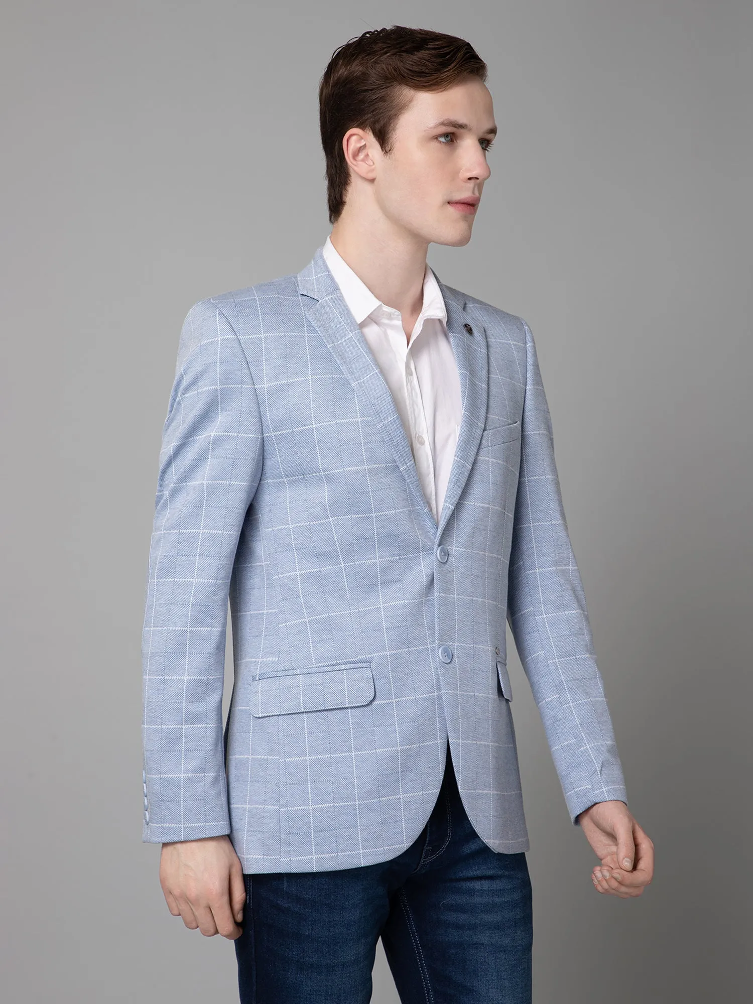 Cantabil Blue Checkered Full Sleeves Casual Blazer For Men