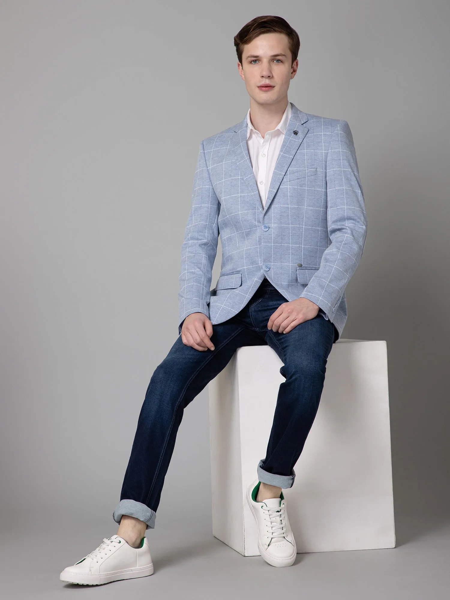 Cantabil Blue Checkered Full Sleeves Casual Blazer For Men