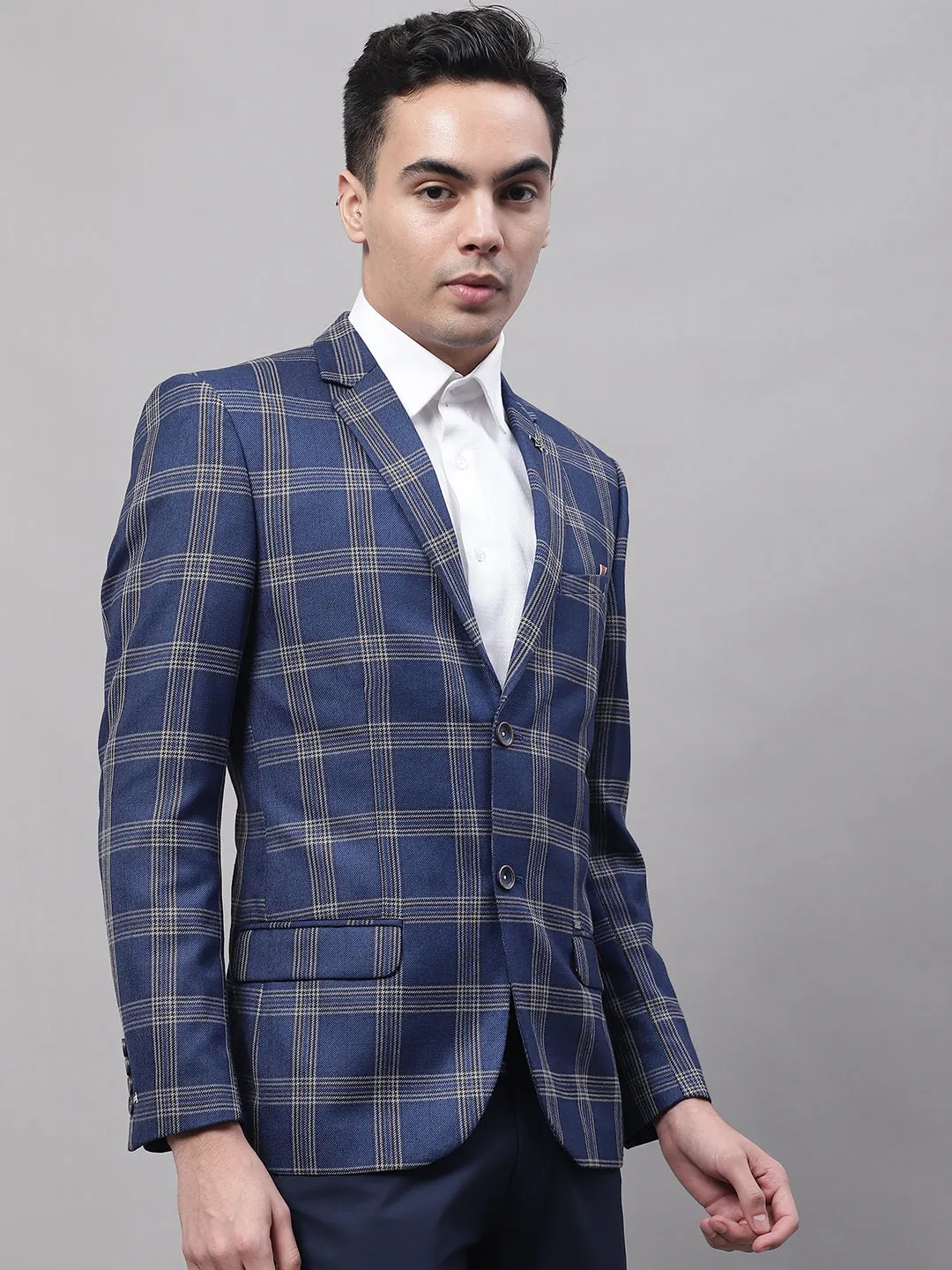 Cantabil Blue Checkered Full Sleeves Formal Blazer For Men