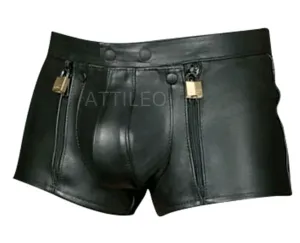 Chastity Lockable Double Zips Leather Bondage Shorts with Detachable Front Pouch