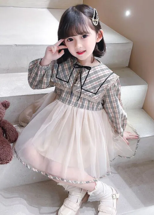 Chic Plaid Peter Pan Collar Tulle Patchwork Girls Dresses Long Sleeve XZ068