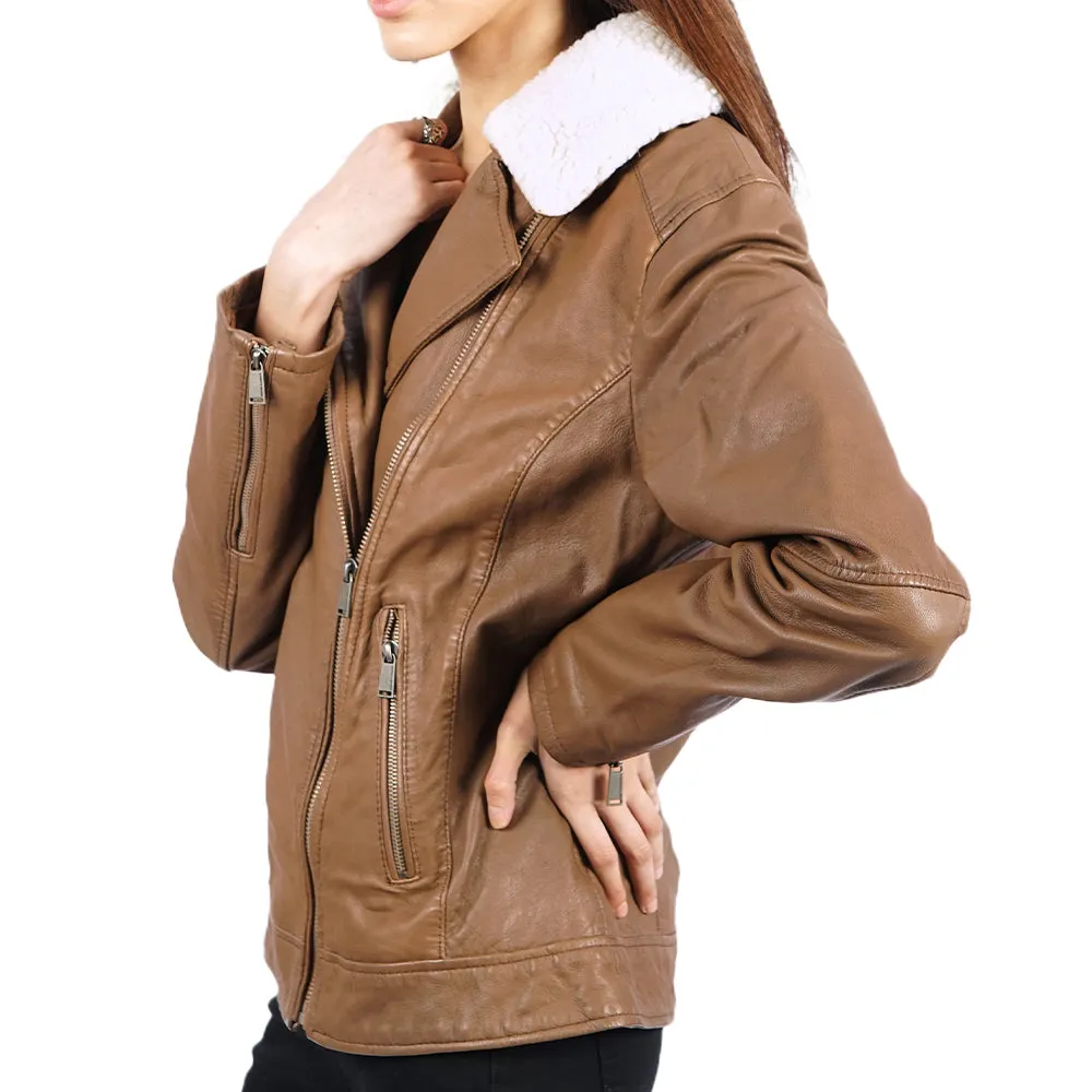 Christena Fleece Lined Zip Up Brown Leather Jacket