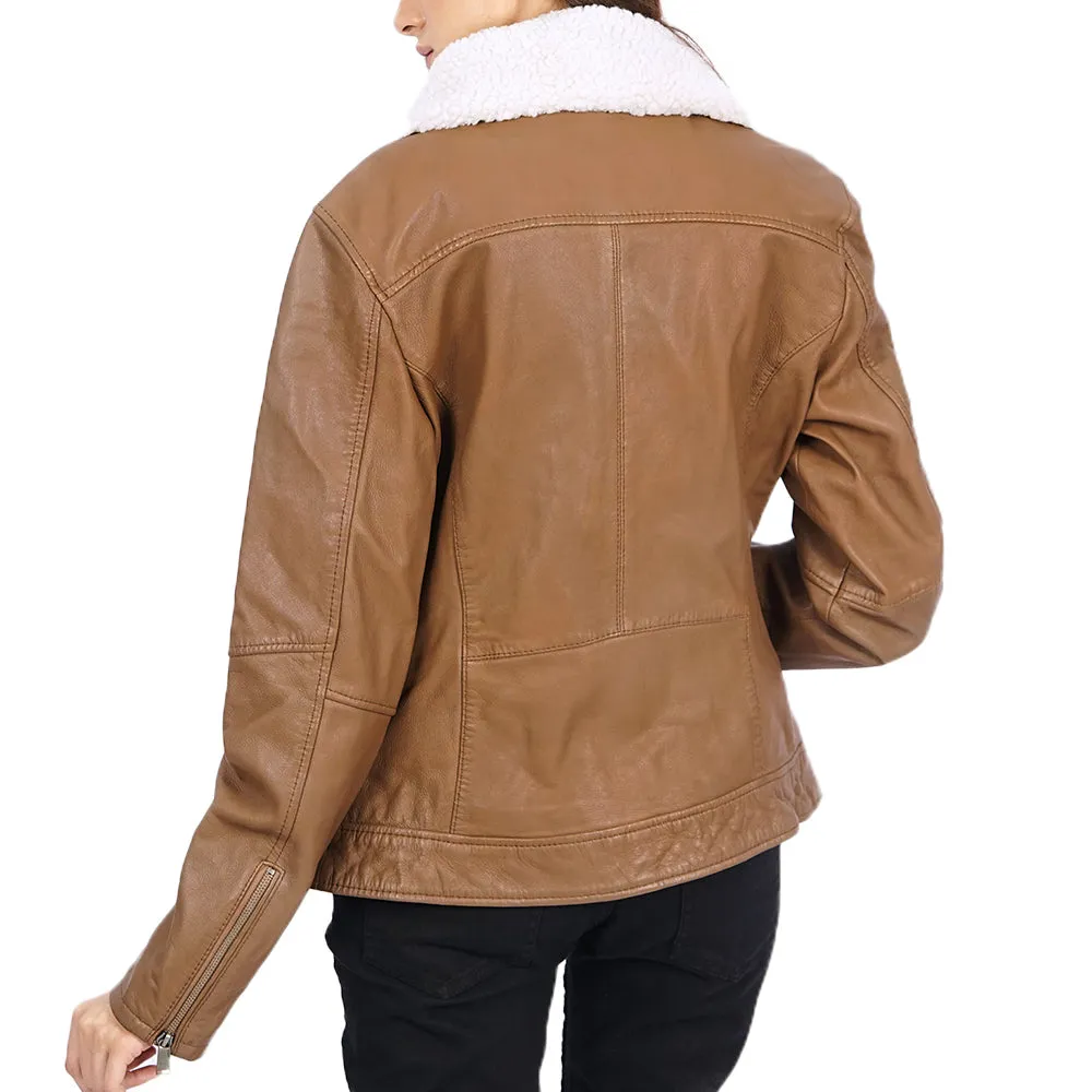 Christena Fleece Lined Zip Up Brown Leather Jacket