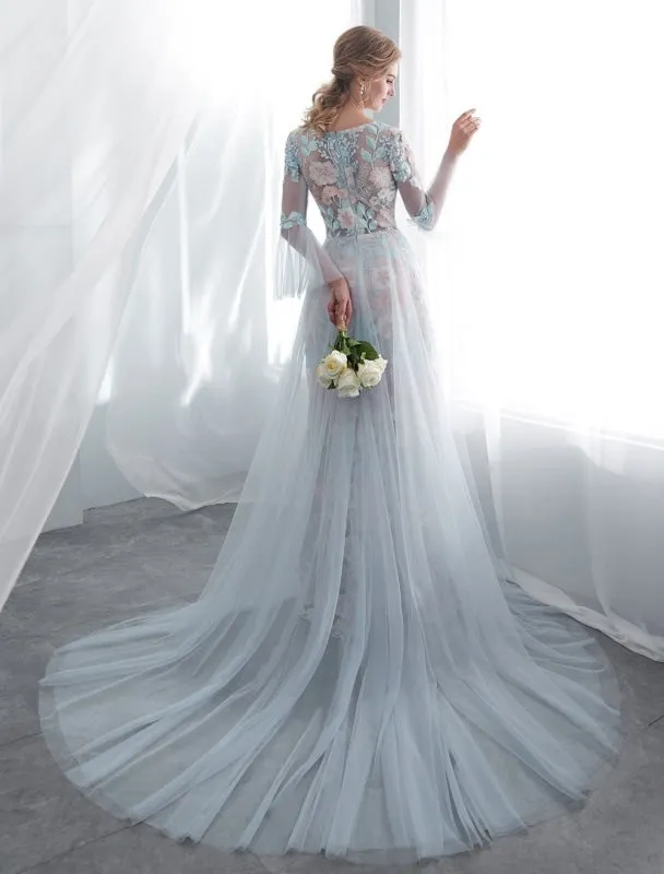 Colored Wedding Dresses Baby Blue Lace Long Sleeve Bridal Dress With Train