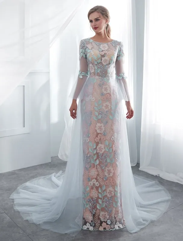 Colored Wedding Dresses Baby Blue Lace Long Sleeve Bridal Dress With Train