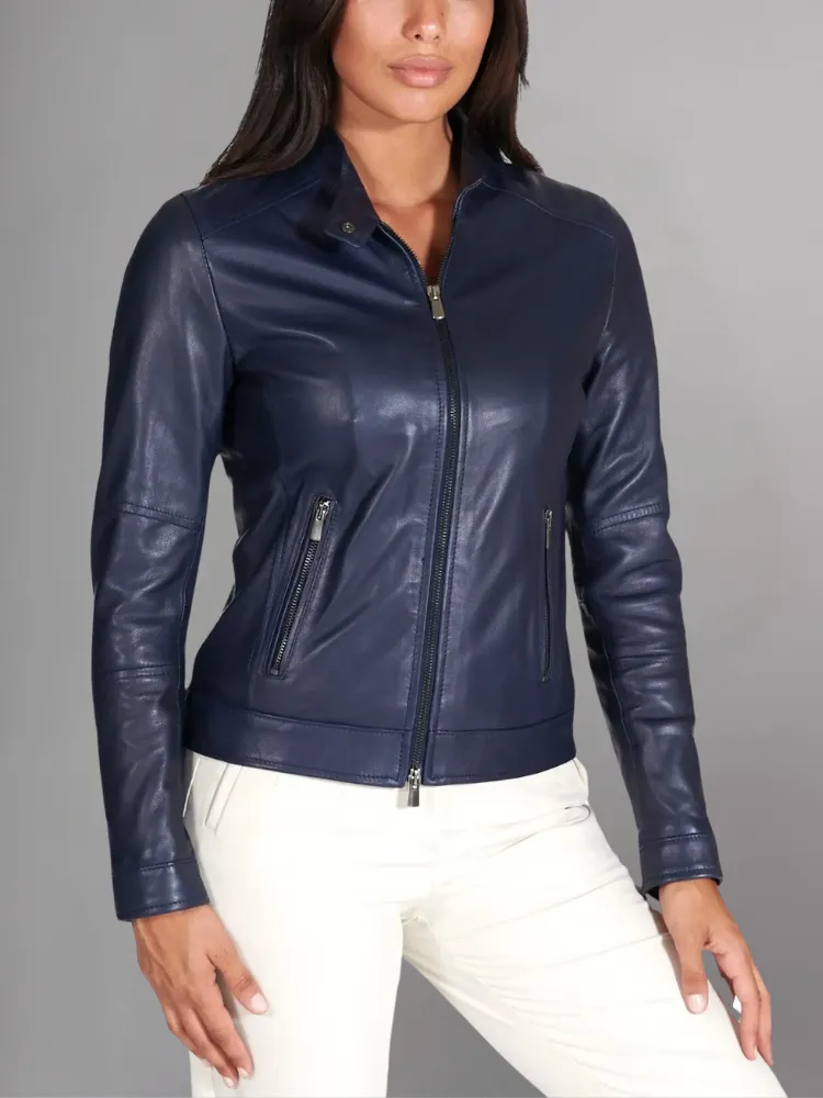 Custom Made Navy Blue Leather Motorcycle Jacket for Women