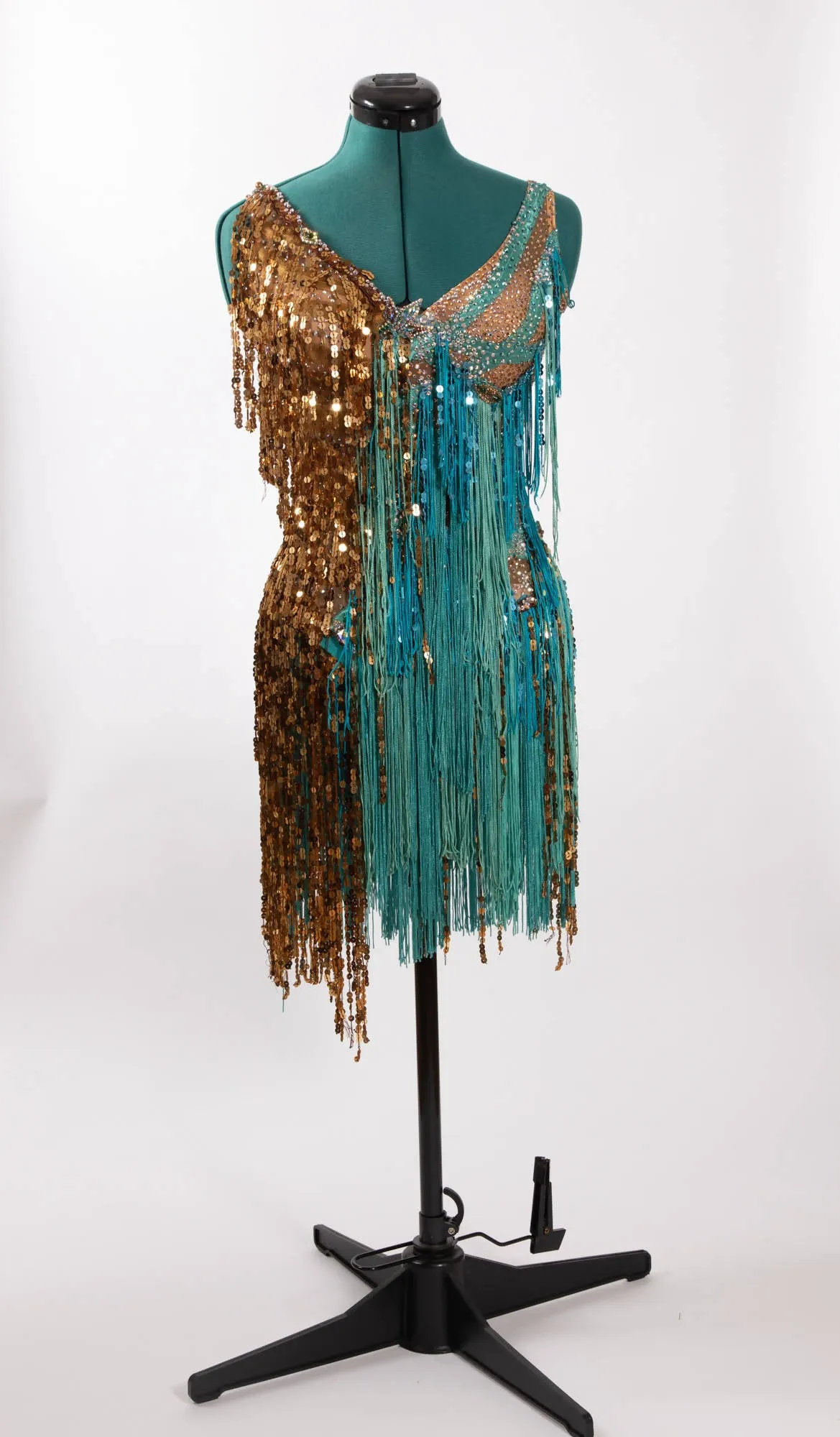 Designs to Shine Gold/Teal Sequin/Fringe Latin Dress