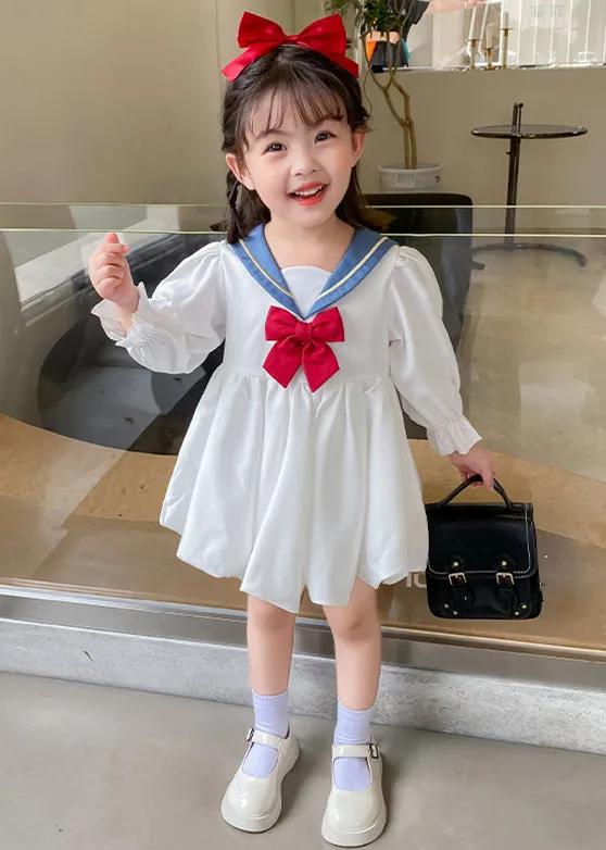 Elegant White Bow Solid Cotton Girls Mid Dresses Flare Sleeve XZ055