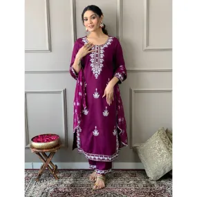 Embroidery Rayon 3 piece Women's Suit Wine