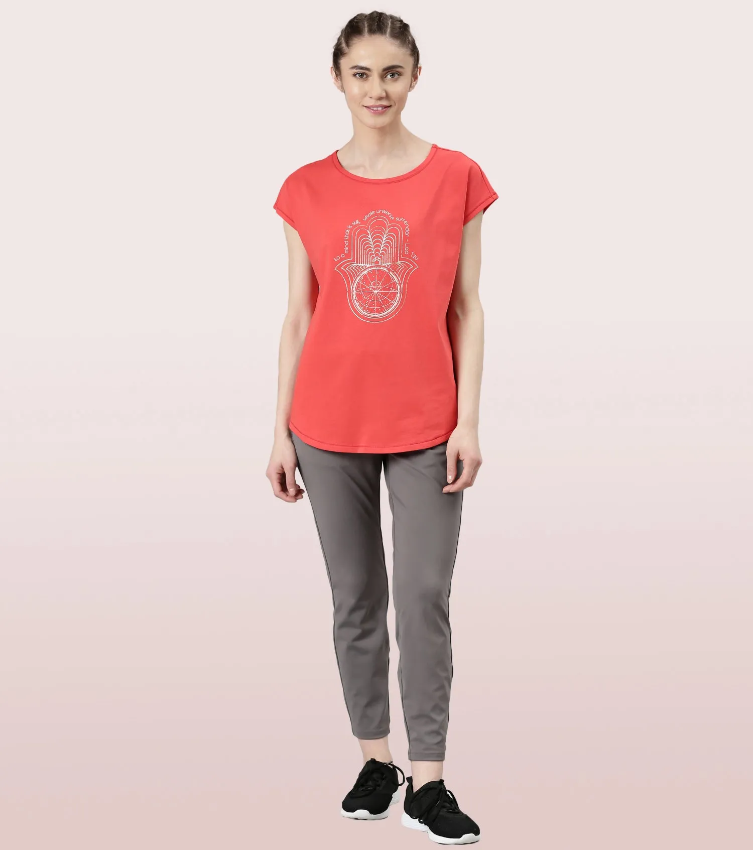 Enamor Meditate Anti-Odour Stretch Cotton Tee For Women | Graphic Printed Tee With Dolman Sleeve & Boat Neck Design | Candy Red Universe Graphic