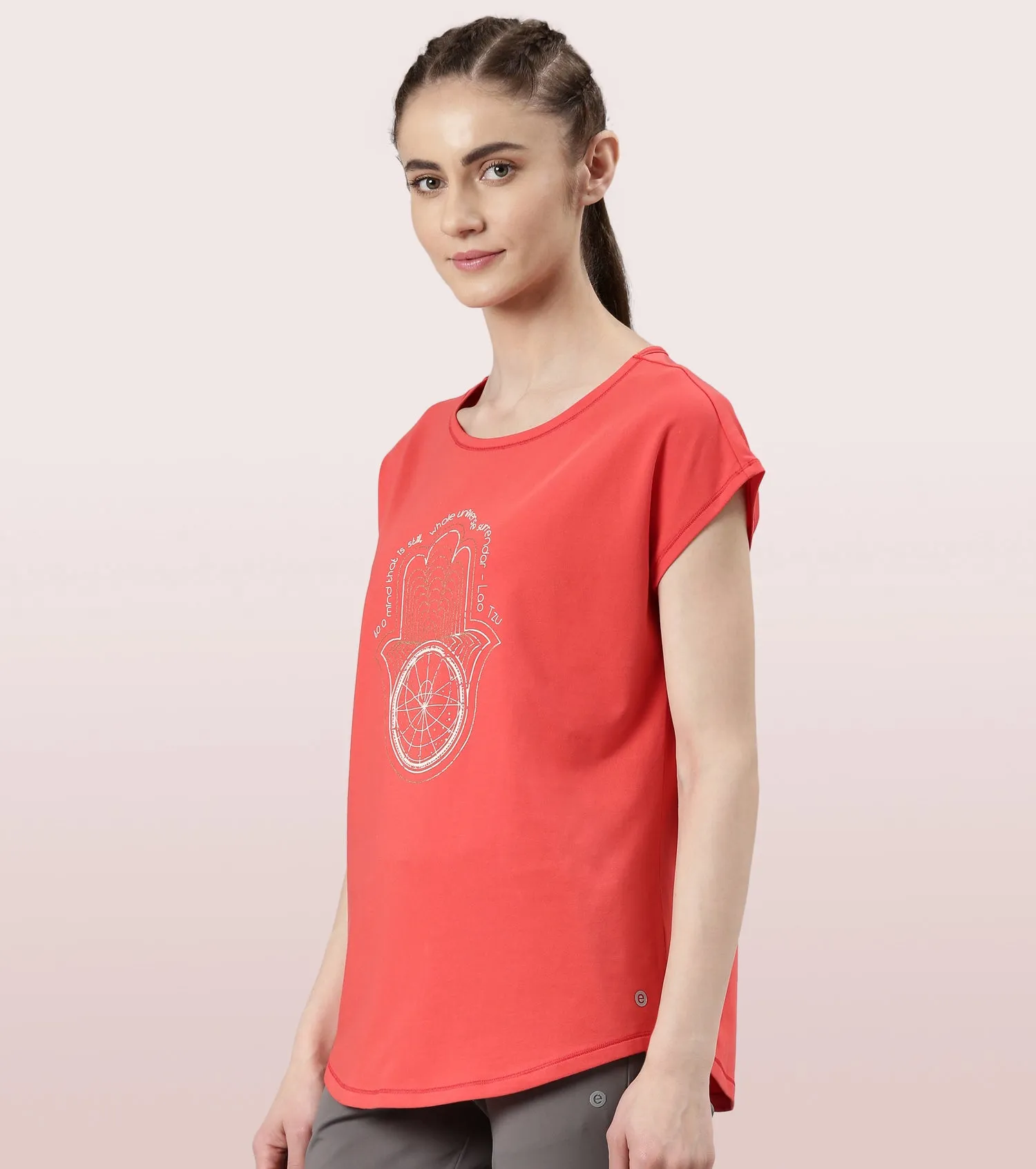 Enamor Meditate Anti-Odour Stretch Cotton Tee For Women | Graphic Printed Tee With Dolman Sleeve & Boat Neck Design | Candy Red Universe Graphic