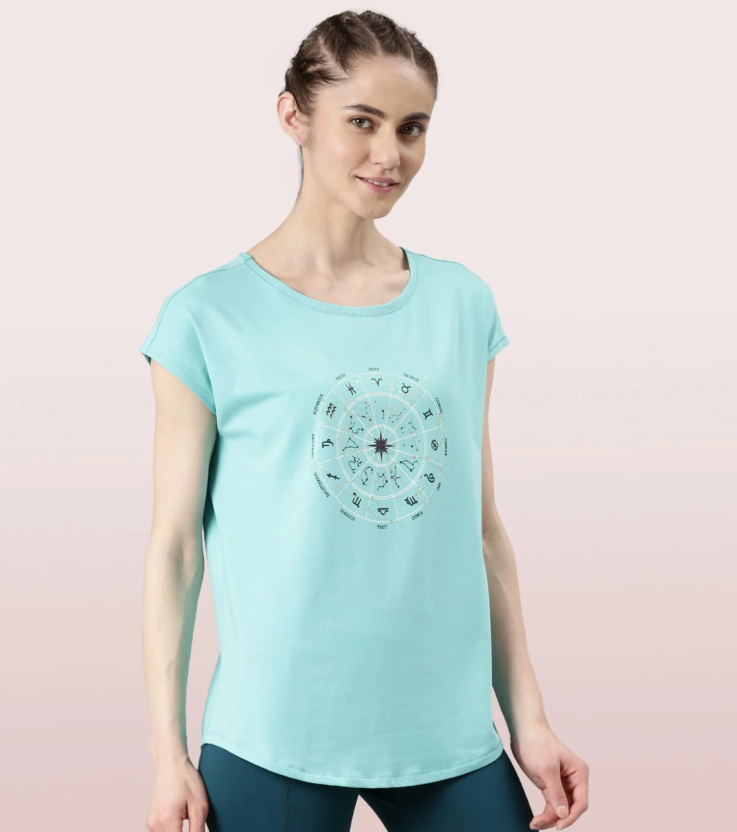 Enamor Meditate Anti-Odour Stretch Cotton Tee For Women | Graphic Printed Tee With Dolman Sleeve & Boat Neck Design | Candy Red Universe Graphic