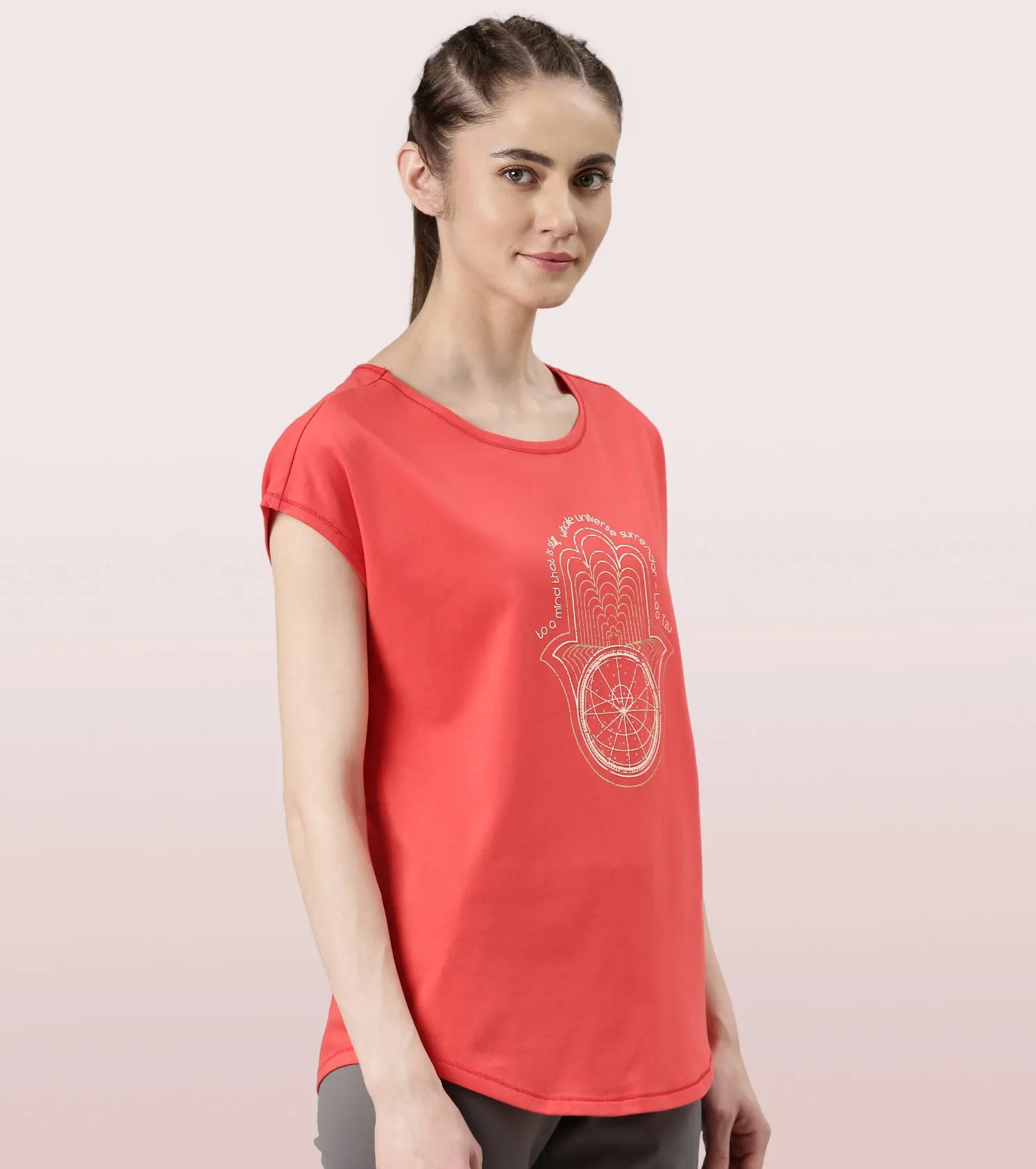 Enamor Meditate Anti-Odour Stretch Cotton Tee For Women | Graphic Printed Tee With Dolman Sleeve & Boat Neck Design | Candy Red Universe Graphic