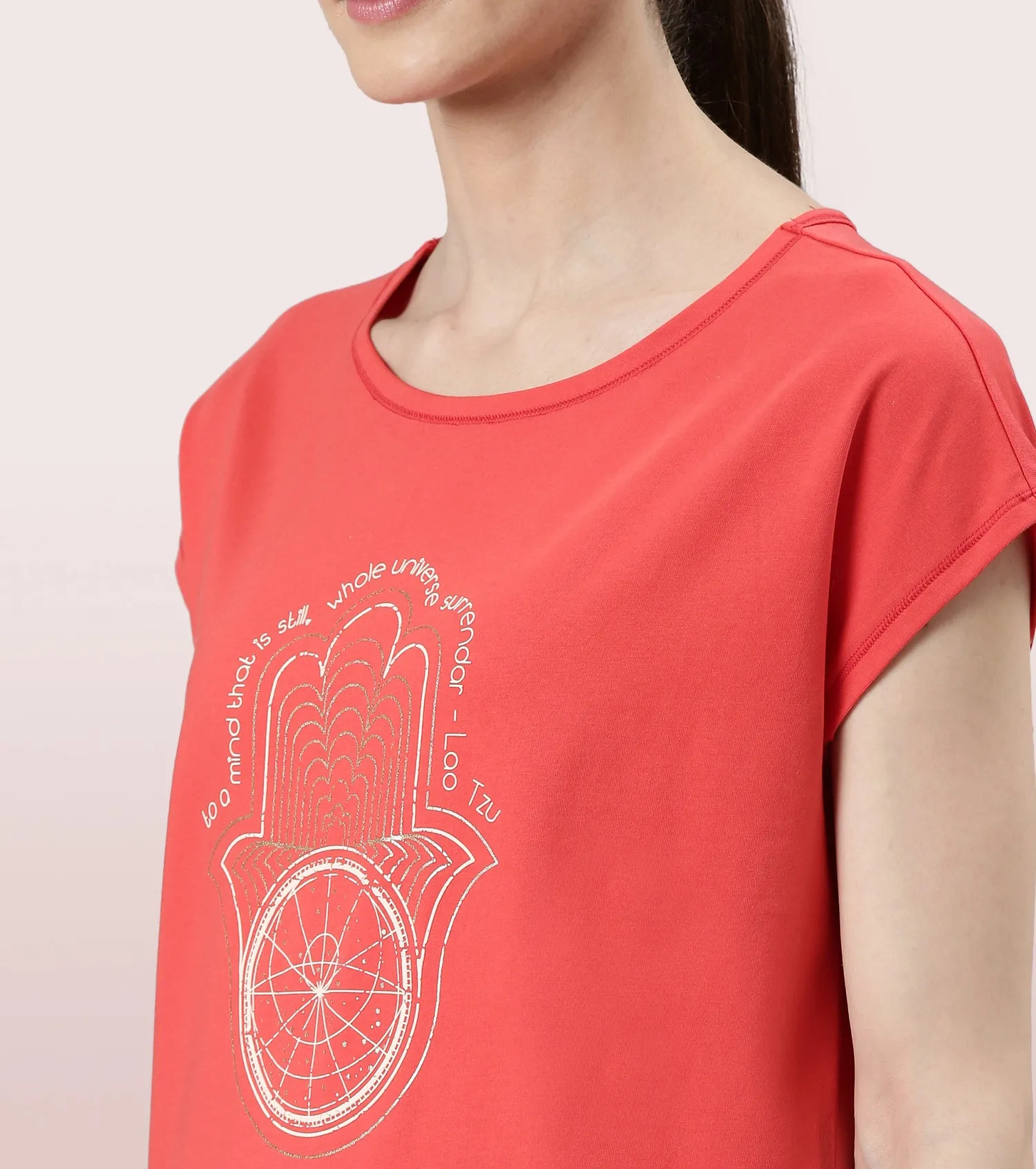 Enamor Meditate Anti-Odour Stretch Cotton Tee For Women | Graphic Printed Tee With Dolman Sleeve & Boat Neck Design | Candy Red Universe Graphic