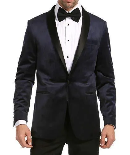 Enzo Collection-Navy Velvet Slim Fit Shawl Lapel Tuxedo Men's Blazer