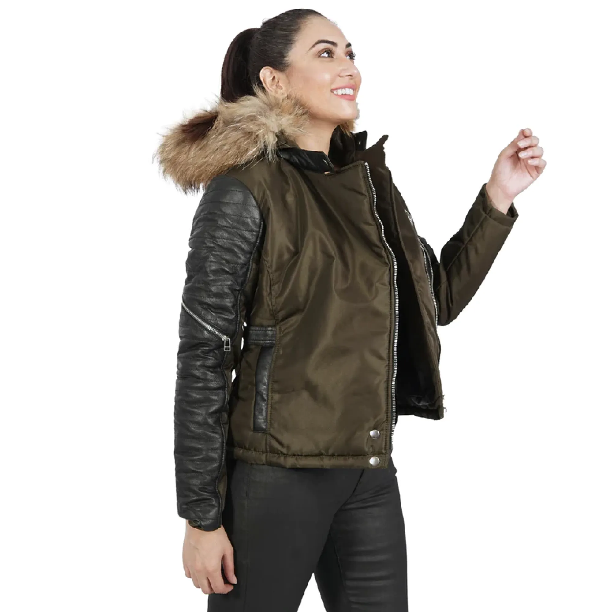 Faux Fur Hooded Down Olive Black Leather Jacket