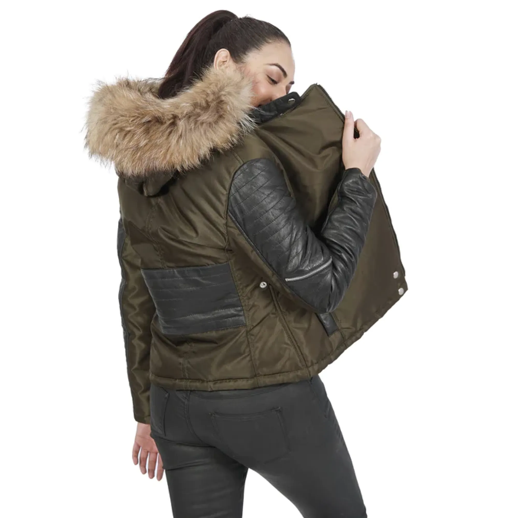 Faux Fur Hooded Down Olive Black Leather Jacket