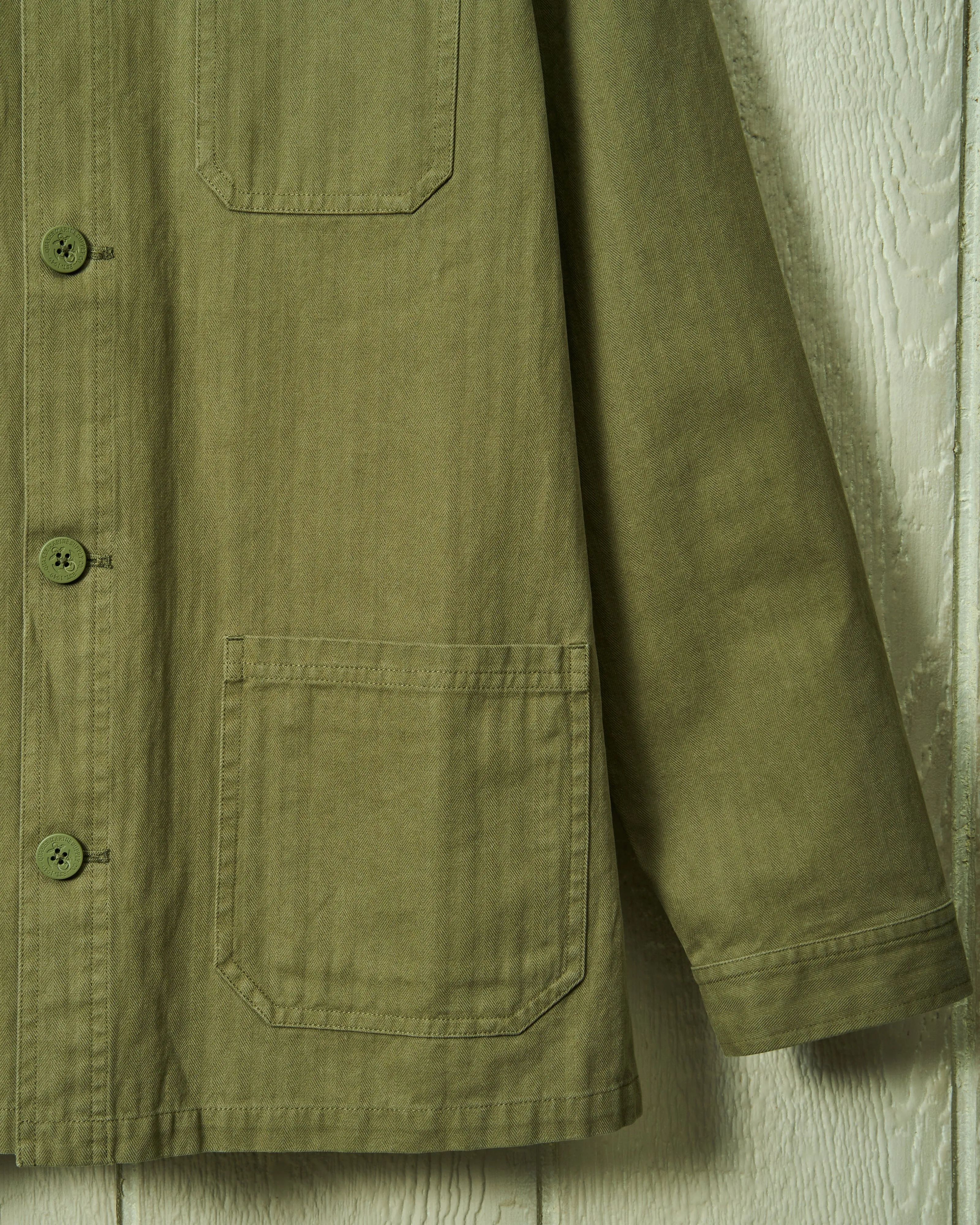 French Workman’s Jacket in Olive Herringbone