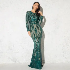 Green O Neck Long Sleeves Sequin Maxi Dress