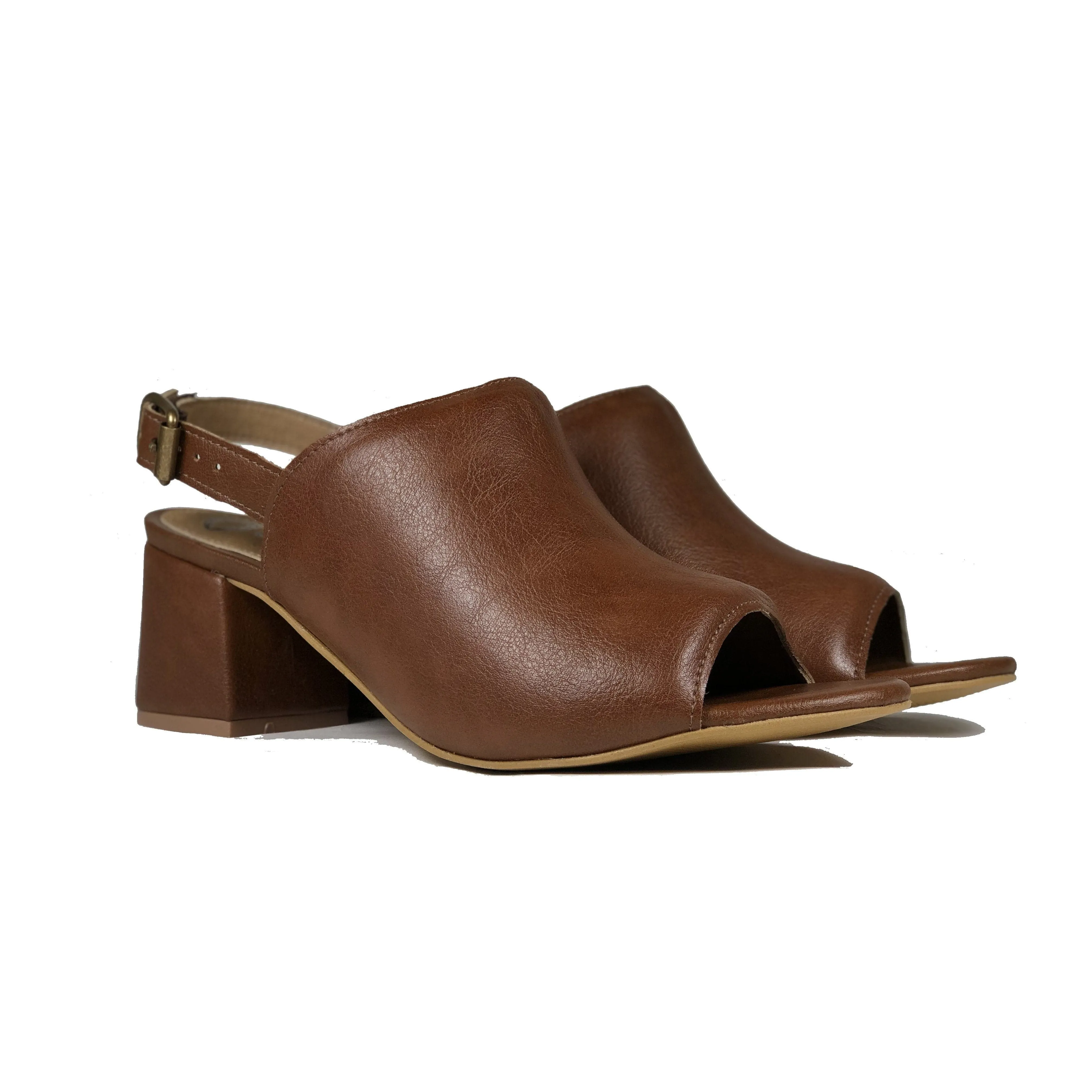 'Iolanda' vegan women's open-toe block heel by Ahimsa - cognac