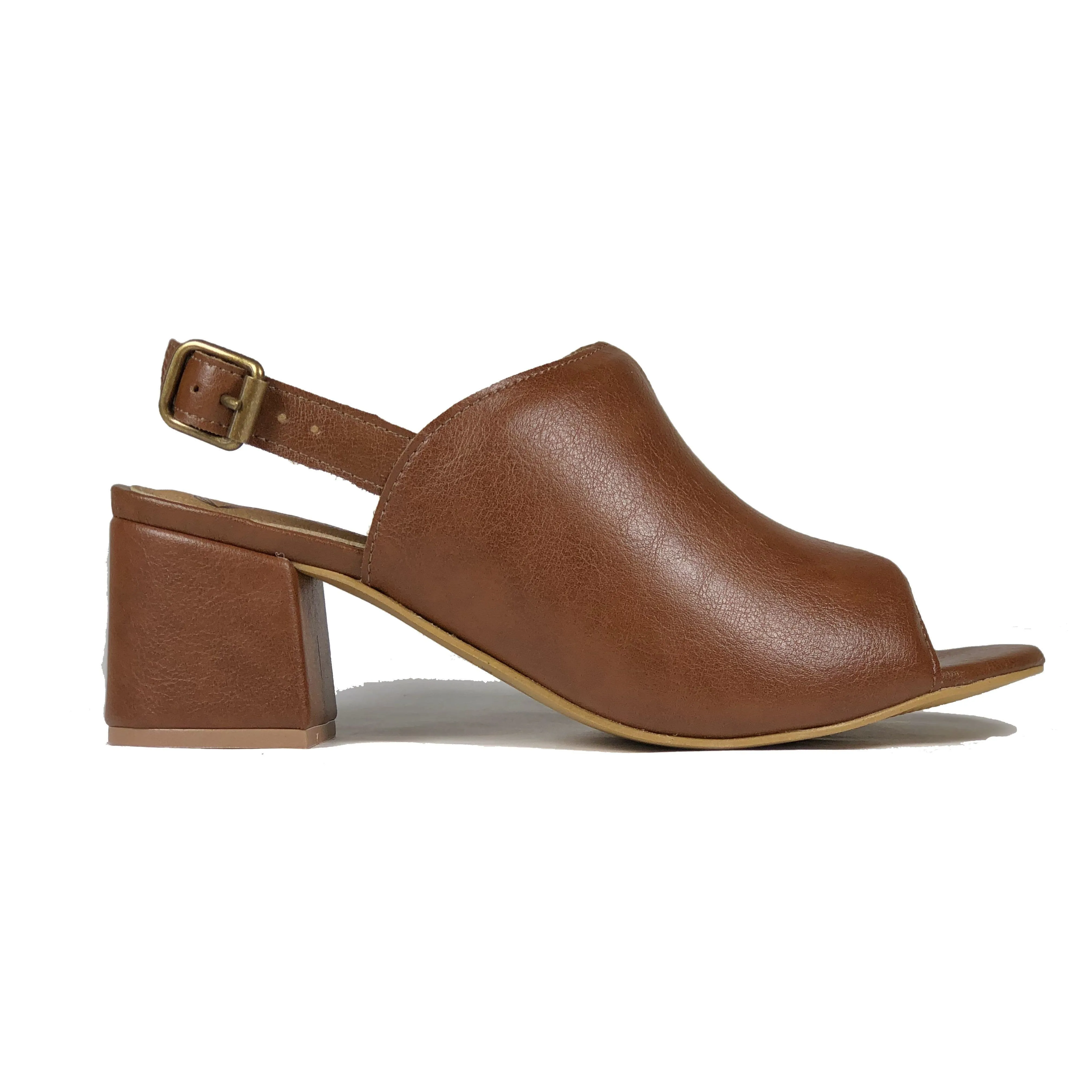 'Iolanda' vegan women's open-toe block heel by Ahimsa - cognac