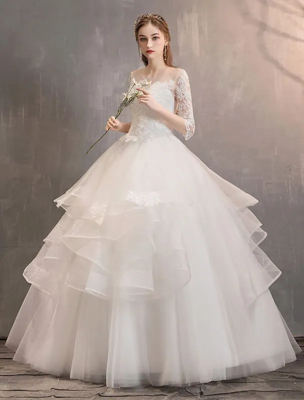 Ivory Wedding Dresses Tulle Illusion Neckline Half Sleeve Floor Length Princess Bridal Gown