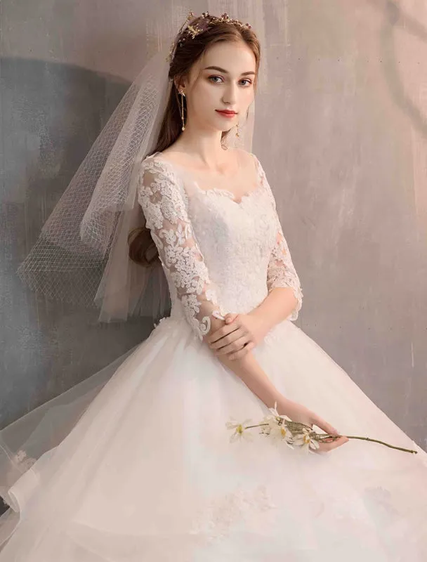 Ivory Wedding Dresses Tulle Illusion Neckline Half Sleeve Floor Length Princess Bridal Gown