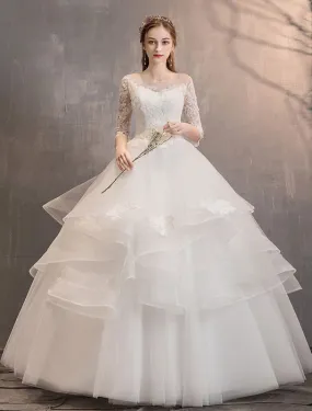 Ivory Wedding Dresses Tulle Illusion Neckline Half Sleeve Floor Length Princess Bridal Gown