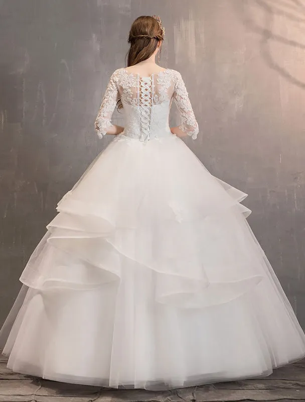 Ivory Wedding Dresses Tulle Illusion Neckline Half Sleeve Floor Length Princess Bridal Gown