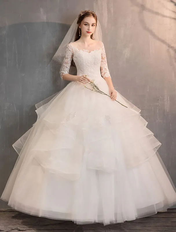 Ivory Wedding Dresses Tulle Illusion Neckline Half Sleeve Floor Length Princess Bridal Gown