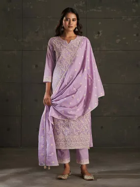 Lavender Cotton Mul Embroidered Kurta Pant Set